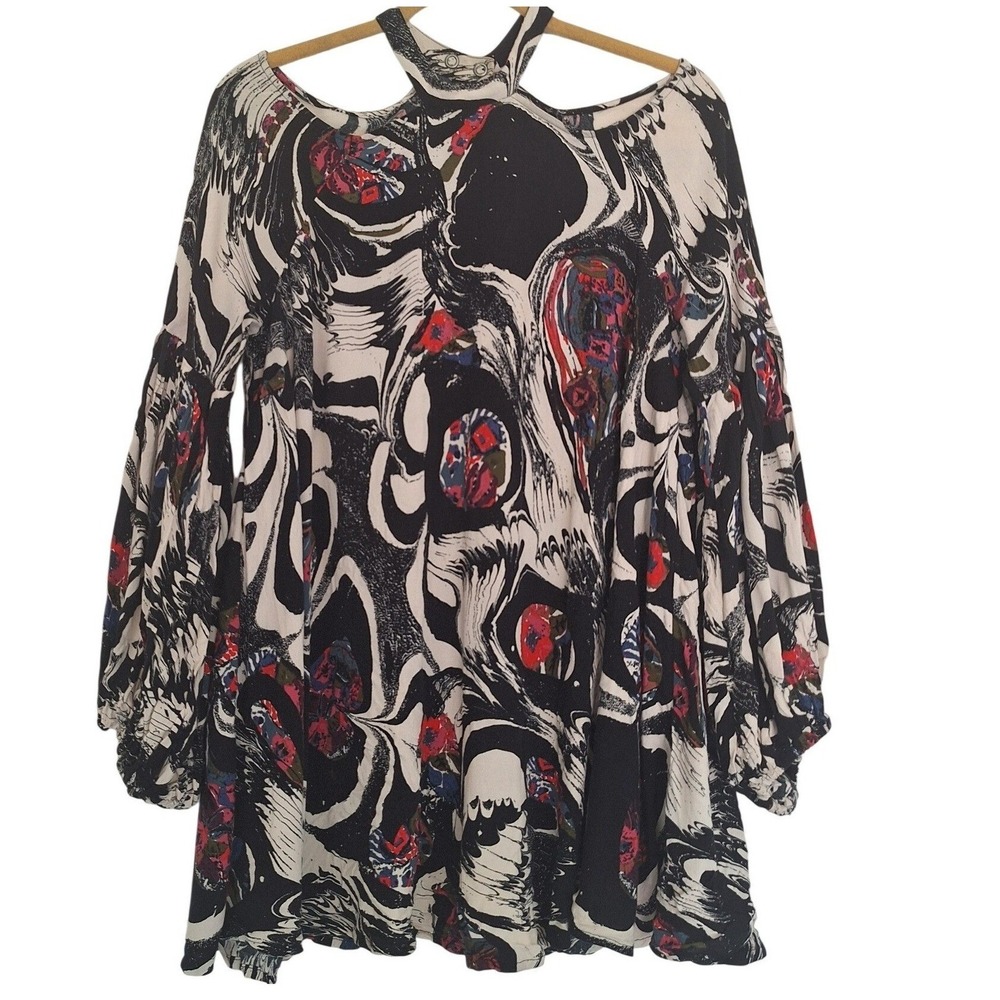 Free People Mini Dress Tunic Top Black Floral Combo Oversized size S/P